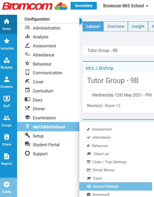 MyChildAtSchool General Settings – Bromcom