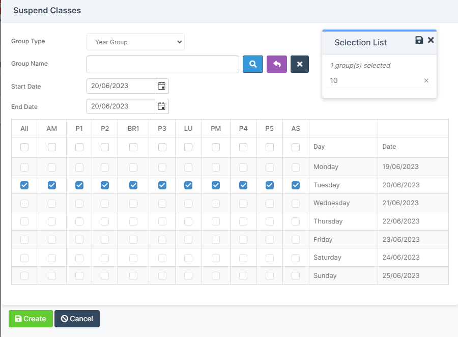 Suspending classes in StaffCover - TimeTabler